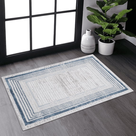 Naar Marfi 2X3 Area Rug, Blue/Ivory Border, Non-Slip and Non-Shedding Area Rugs for Home Bedroom, Kitchen Floor, Bathroom, Dining and Office