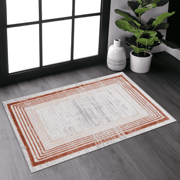 Naar Marfi 2X3 Area Rug, Brown/Ivory Border, Non-Slip and Non-Shedding Area Rugs for Home Bedroom, Kitchen Floor, Bathroom, Dining and Office
