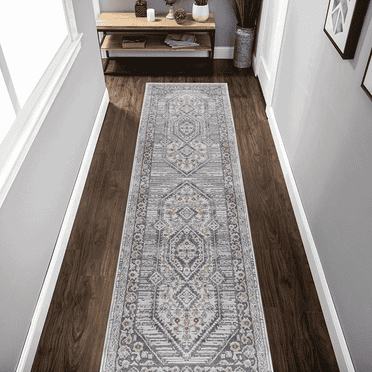 Naar Marfi 2X8 Area Rug, Blue/Cream Bordered, Non-Slip and Non-Shedding Area Rugs for Home Bedroom, Kitchen Floor, Bathroom, Dining and Office