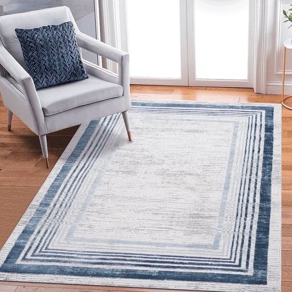 Naar Marfi 5X7 Area Rug, Blue/Ivory Border, Non-Slip and Non-Shedding Area Rugs for Home Bedroom, Kitchen Floor, Bathroom, Dining and Office