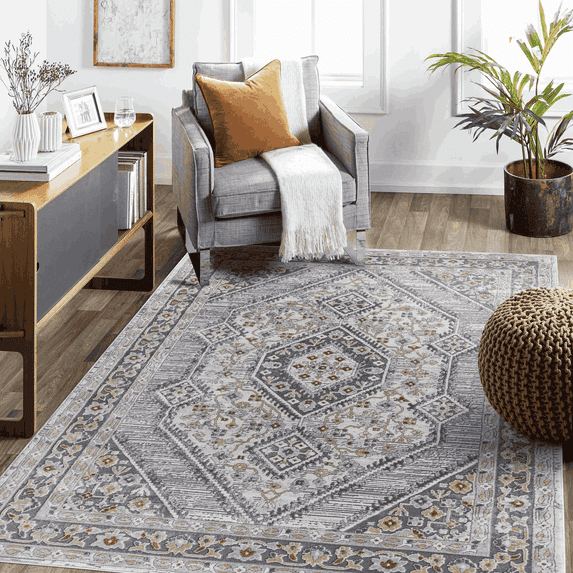 Naar Marfi 5X7 Area Rug, Blue/Cream Bordered, Non-Slip and Non-Shedding Area Rugs for Home Bedroom, Kitchen Floor, Bathroom, Dining and Office