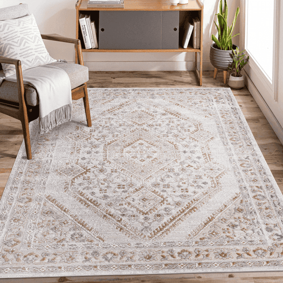 Naar Marfi 5X7 Area Rug, Cream/Ivory Bordered, Non-Slip and Non-Shedding Area Rugs for Home Bedroom, Kitchen Floor, Bathroom, Dining and Office