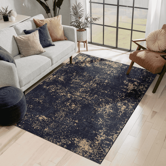 Naar Maval 3X5 Area Rug, Black/Gold Oriental, Machine Washable Rugs for Living Room, Non-Slip, Non-Shedding and Foldable Rugs