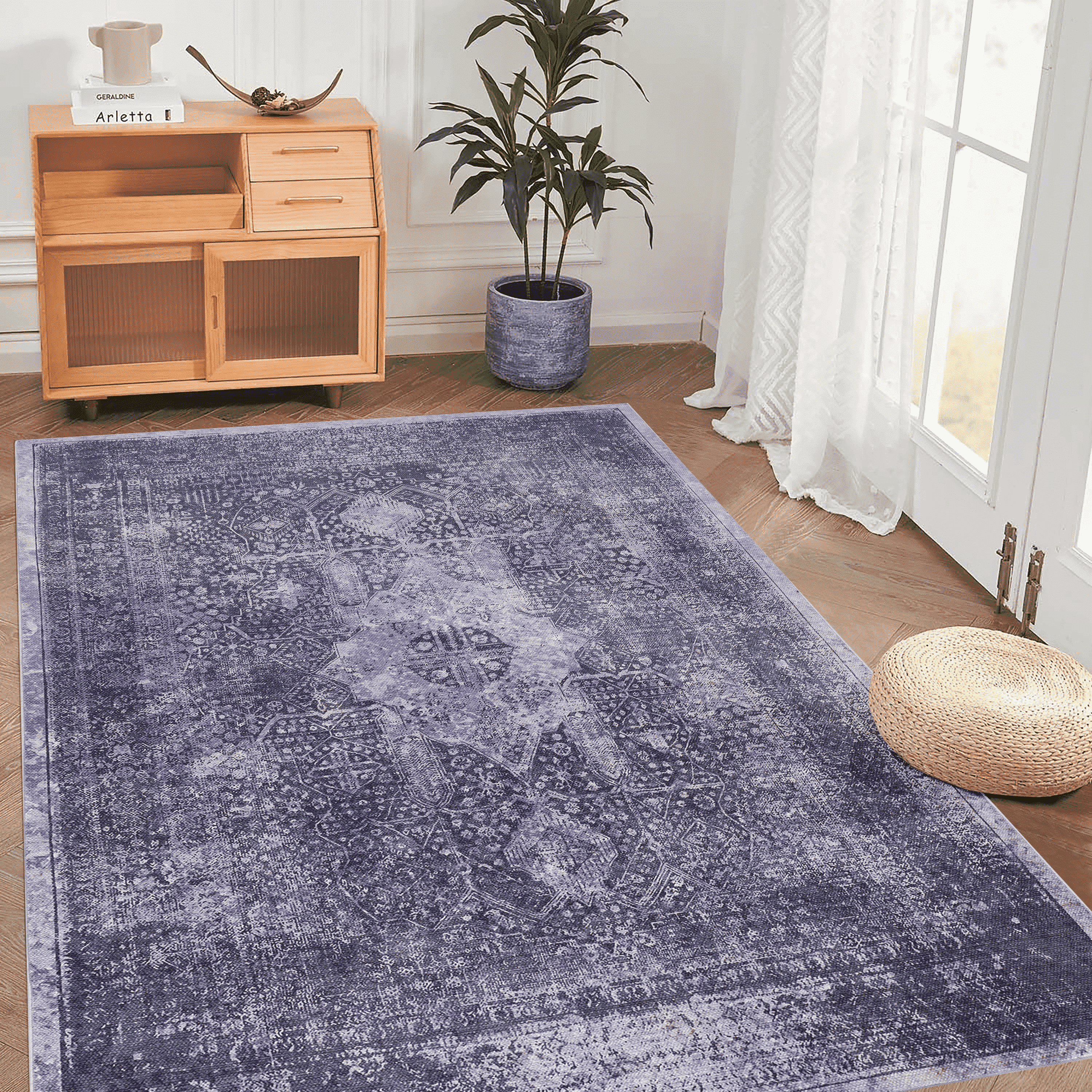 Naar Maval 4X6 Area Rug, Anthracite Oriental, Machine Washable Rugs for Living Room, Non-Slip, Non-Shedding and Foldable Rugs