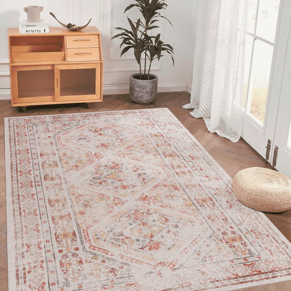 Naar Maval 4X6 Area Rug, Beige Oriental, Machine Washable Rugs for Living Room, Non-Slip, Non-Shedding and Foldable Rugs