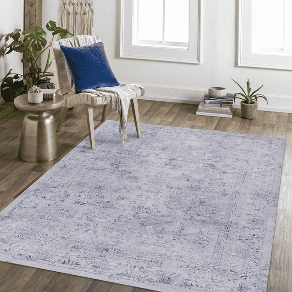 Naar Maval 4X6 Area Rug, Blue/Cream Oriental, Machine Washable Rugs for Living Room, Non-Slip, Non-Shedding and Foldable Rugs