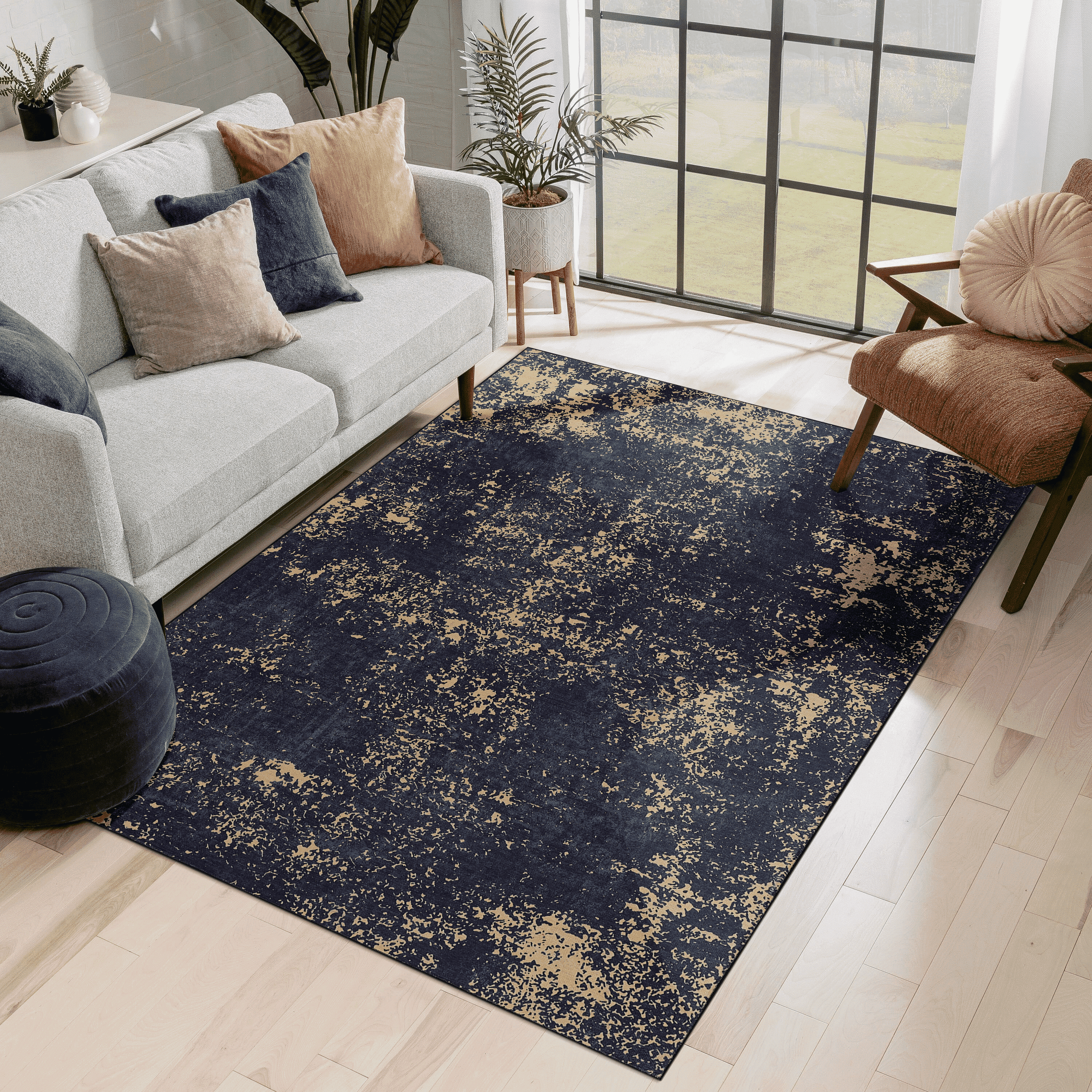 Naar Maval 5X8 Area Rug, Black/Gold Abstract, Machine Washable Rugs for Living Room, Non-Slip, Non-Shedding and Foldable Rugs