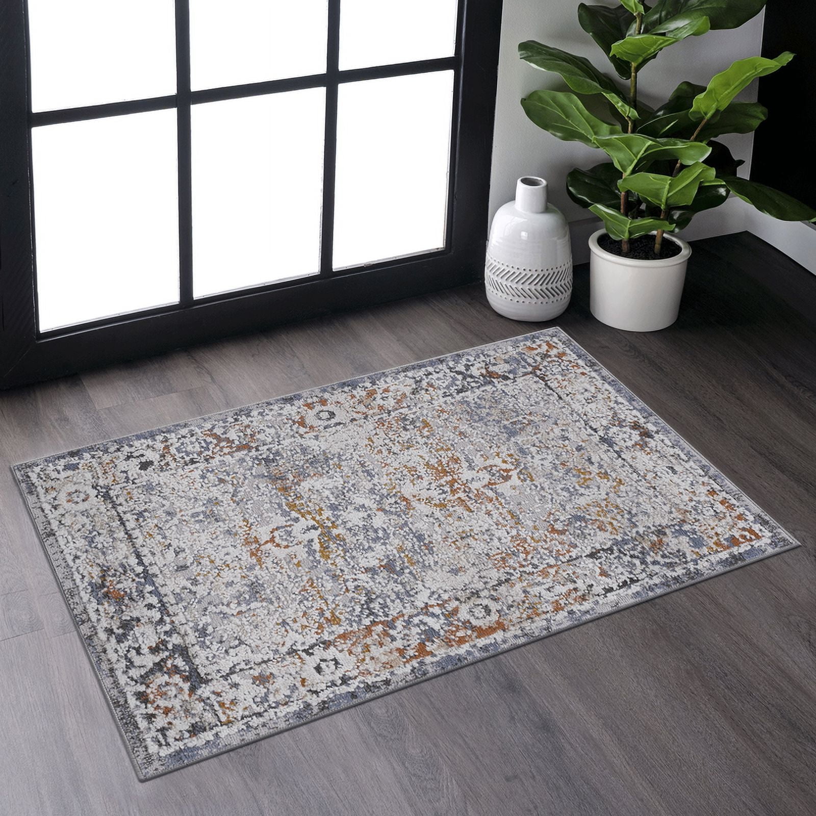 Ivory and Grey Abstract Cotton Synthetic Area Rug 2' x 3'