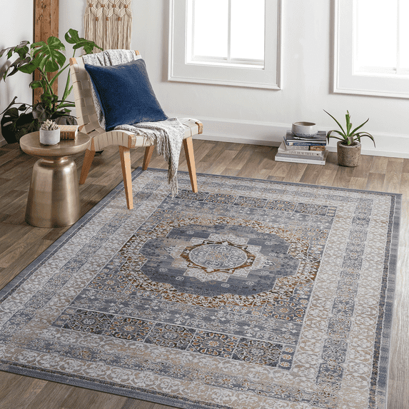 Naar Payas 5X7 Area Rug, Blue/Ivory Medallion Power Loom Crafted Area Rugs for Indoor Living Room, Bedroom, and Dining Room