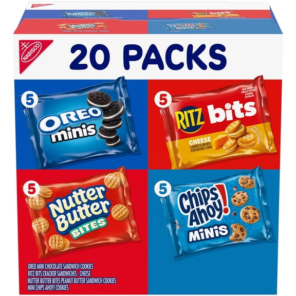 Nabisco Classic Mix Variety Pack, OREO Mini, CHIPS AHOY! Mini, Nutter Butter Bites, RITZ Bits Cheese, Valentines Day Snacks, 20 Snack Packs