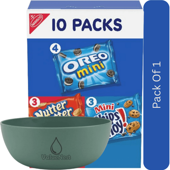 Nabisco Cookie Variety Pack, OREO Mini, Nutter Butter Bites & CHIPS AHOY! Mini, 10 Snack Packs with Olive Green Bowl by ValueNest