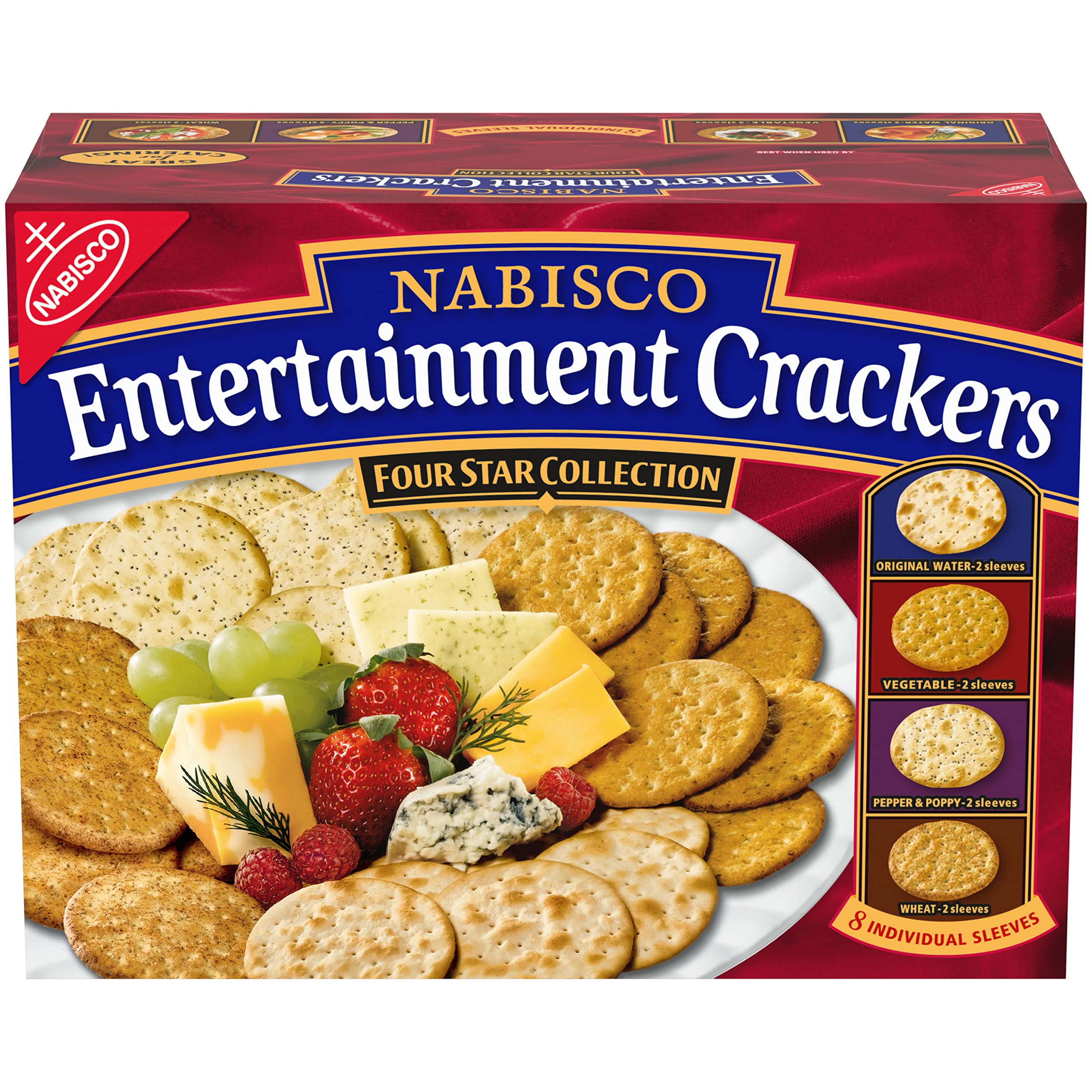 Nabisco Entertainment CrackersEGSC&nbsp;Variety Pack, Original Water, Vegetable, Pepper & Poppy, Wheat, 8 Individual Sleeves, 2 lb 8 oz