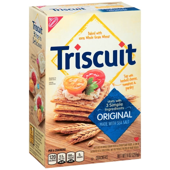 Nabisco, Triscuit, Original Crackers, 9 oz, 100% Whole Grain Wheat, Sea Salt, Cardboard Box