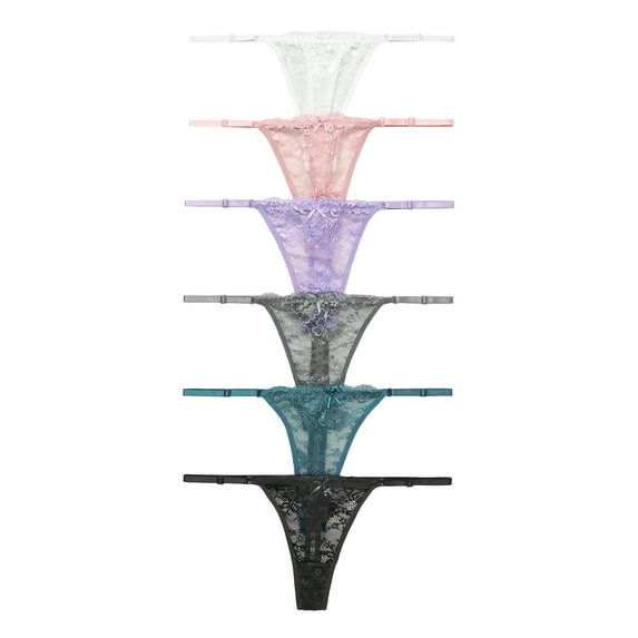 Nabtos Floral Lace Thongs Underwear For women String Adjustable Panties Low Rise Sexy Lingerie 6 Pack