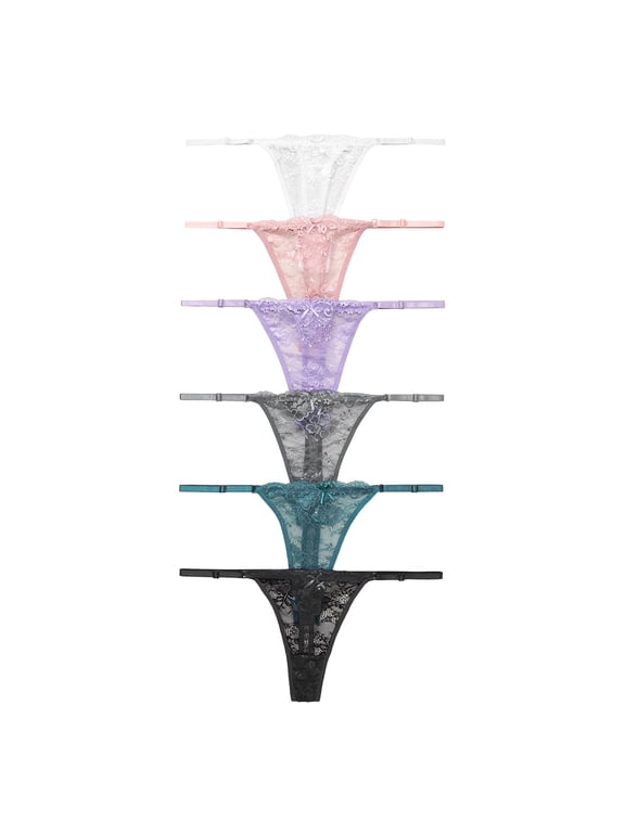 Floral Lace Thongs Underwear For women String Adjustable Panties Low Rise Sexy Lingerie 6 Pack