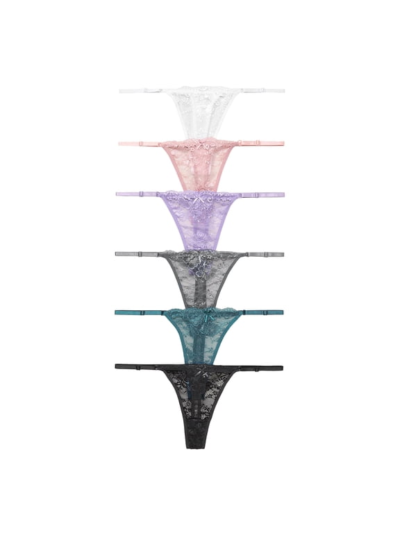 Floral Lace Thongs Underwear For women String Adjustable Panties Low Rise Sexy Lingerie 6 Pack