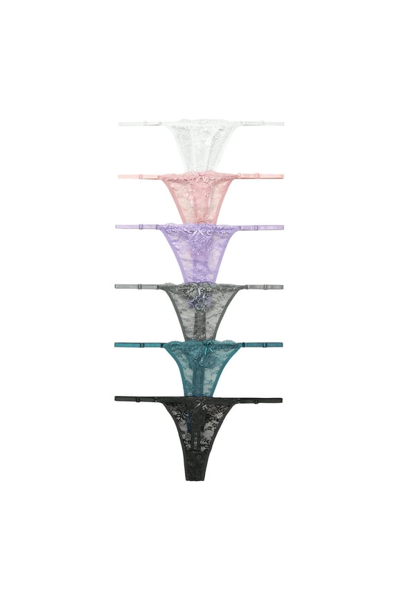 Floral Lace Thongs Underwear For women String Adjustable Panties Low Rise Sexy Lingerie 6 Pack