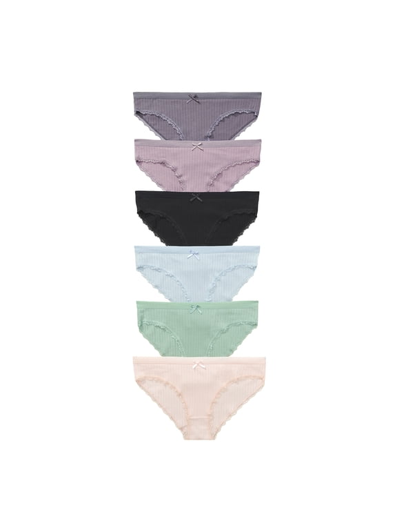 Soft Ribbed Cotton Bikini Panties for Women Leg Lace Trim Low Rise Cut Moderate Back Coverage Womens Underwear Multicolor Pack of 6