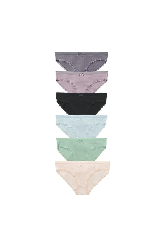 Soft Ribbed Cotton Bikini Panties for Women Leg Lace Trim Low Rise Cut Moderate Back Coverage Womens Underwear Multicolor Pack of 6