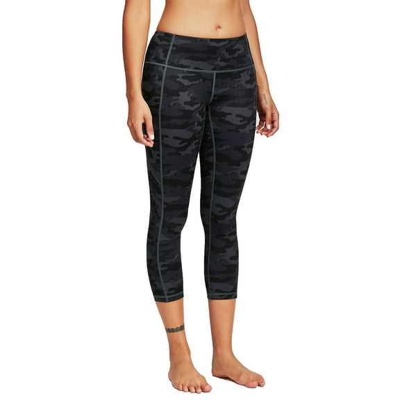 Nabtos Women Female Capri Pants Activewear Yoga Gray Camo Leggings W/ Pockets