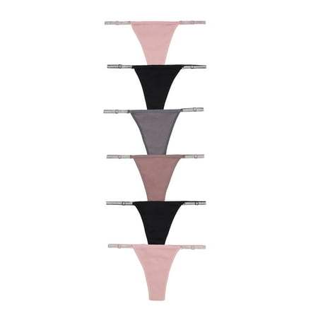 Nabtos Women Ribbed Cotton Thongs Adjustable Band Shine Strap Low Rise Panties Pack 6