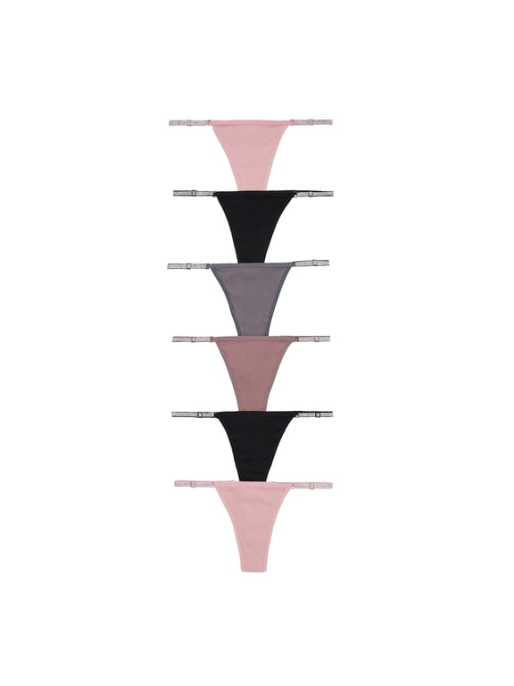 Women Ribbed Cotton Thongs Adjustable Band Shine Strap Low Rise Panties Pack 6