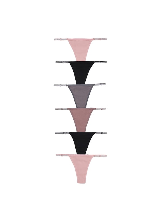 Women Ribbed Cotton Thongs Adjustable Band Shine Strap Low Rise Panties Pack 6