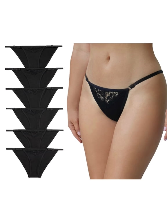 Women’s Cotton Panties Black Set Floral Lace Adjustable Strap String Bikini Underwear Low Rise Hi Cut Cheeky Panties Pack 6