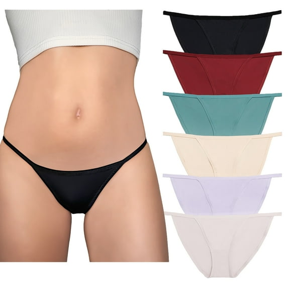 Nabtos Women's String Bikini Panties Nylon Sports Silky Underwear Low Rise Cotton Liner 6 Pack M