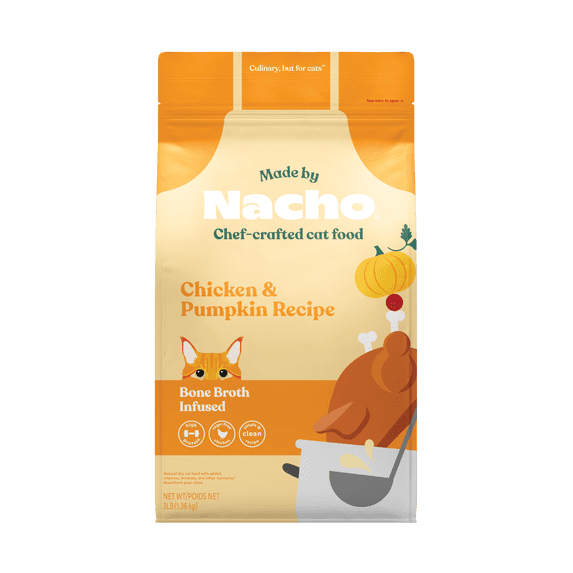 Made by Nacho Dry Cat Kibble, Infused with Bone Broth for Hydration, Cage-Free Chicken & Pumpkin Recipe, High Protein and Grain-Friendly Premium Cat Food, Limited Ingredients, 3lb Bag