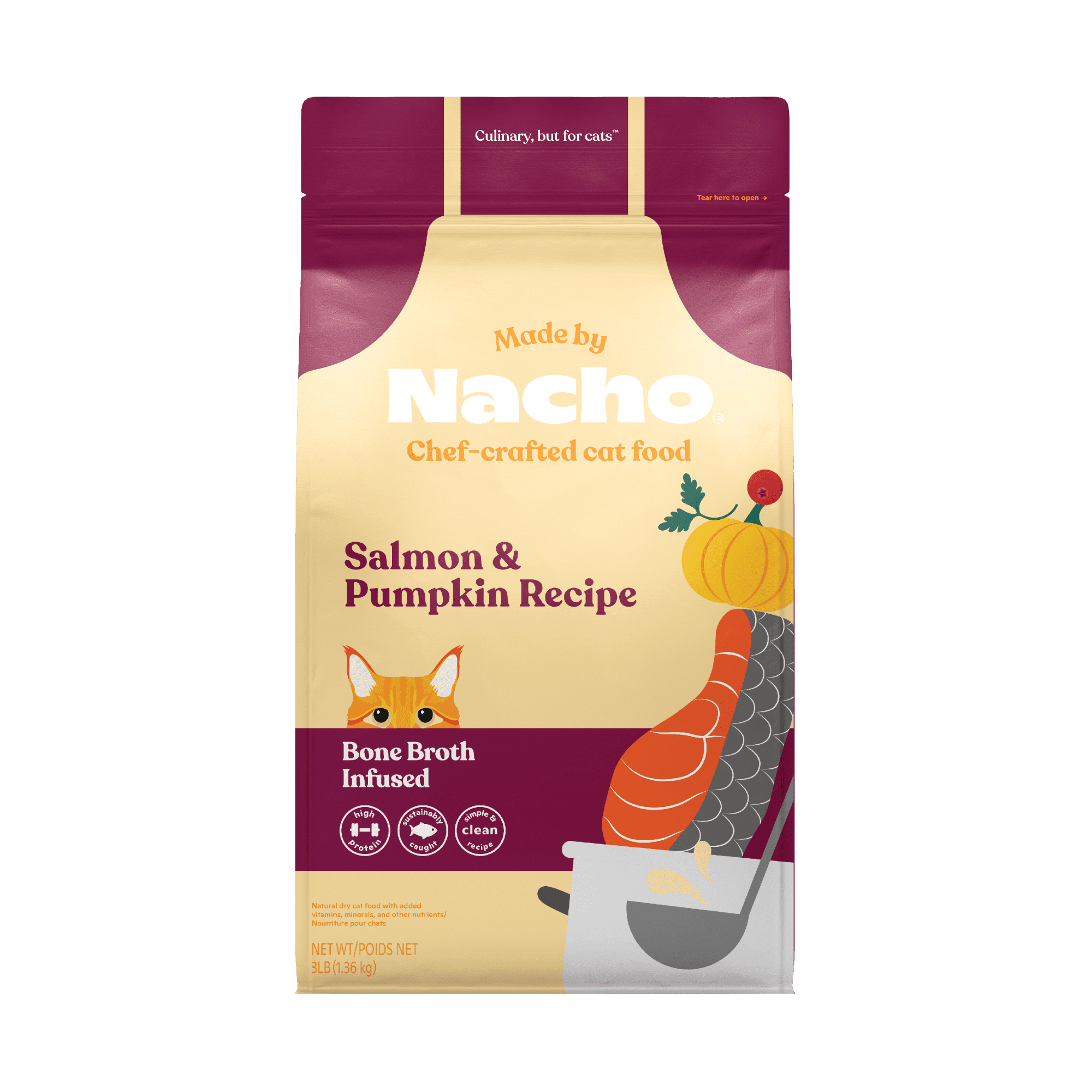 Made by Nacho Dry Cat Kibble, Infused with Bone Broth for Hydration, Sustainably Caught Salmon and Pumpkin, High Protein and Grain-Friendly Premium Cat Food, Limited Ingredients, 3lb Bag