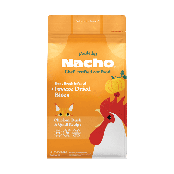 Made by Nacho Dry Cat Kibble with Freeze Dried Raw Chicken Livers Pieces, Cage-Free Chicken, Duck & Quail Recipe, High Protein and Grain Friendly Premium Cat Food, 3lb Bag