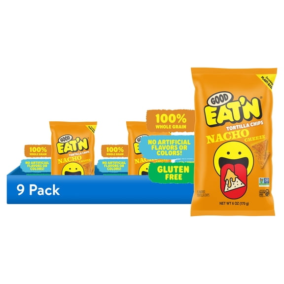 (9 pack) Good Eat'n Nacho Cheeze Tortilla Chips, Non-GMO Corn Snack, Gluten-Free, Vegan, 6oz
