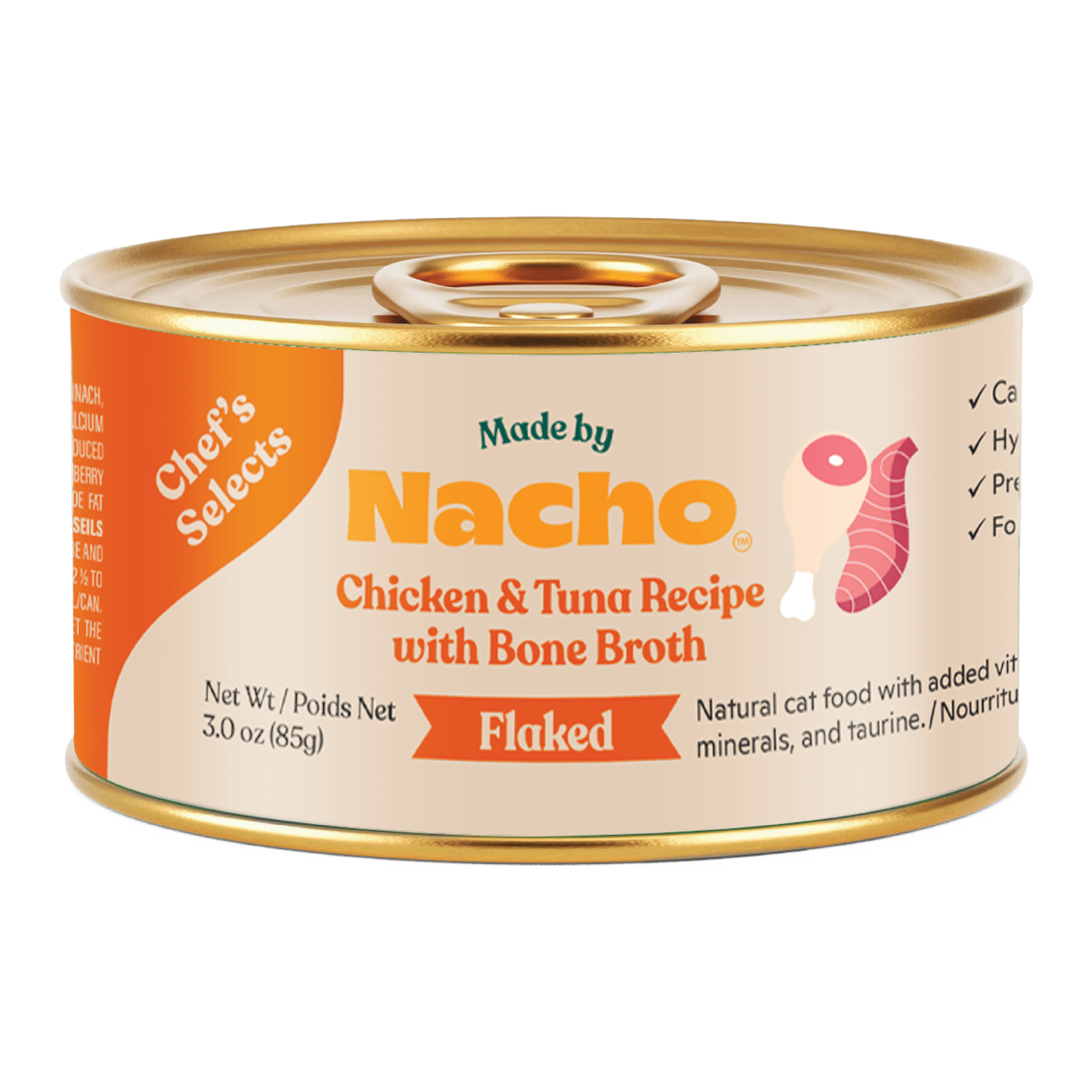 Made by Nacho Flaked Filets Recipe in Bone Broth, Grain-Free Chef's Selects Wet Food for Cats Balanced Diet in Naturally Hydrating Bone Broth, Chicken and Tuna, 3oz