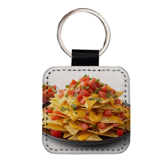 Nachos Plate Mexican Salsa Cheese Faux Leather Square Keychain