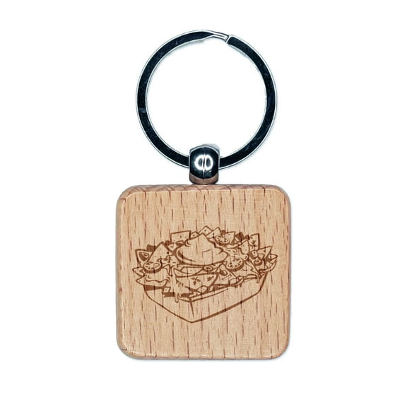 Nachos Tortilla Chips Mexican Food with Sour Cream Square Keychain Charm Tag - Engraved Wood