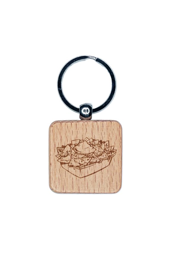 Nachos Tortilla Chips Mexican Food with Sour Cream Square Keychain Charm Tag - Engraved Wood