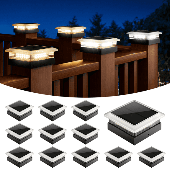 Nacinic Solar Fence Lights, 12-Pack Solar Deck Lights for 4x4 Post, 96 LED Post Cap Lights, IP65 Waterproof, 15+ Hours, 4 Modes