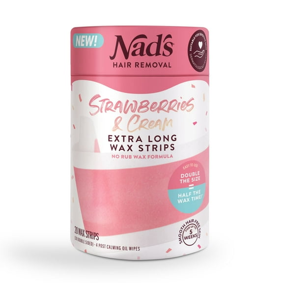 Nad's Strawberry and Cream Extra Long Wax Strips for Women, Hair Removal Strips, 20 ct