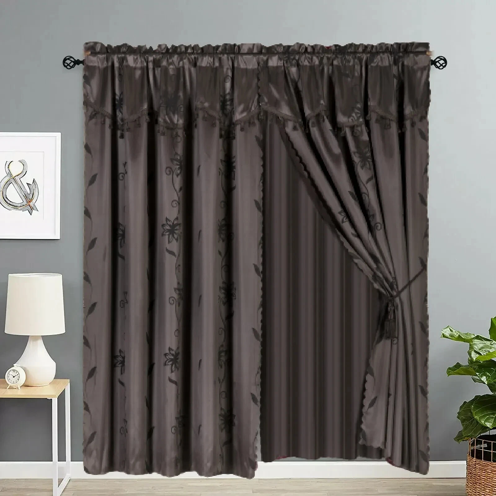 Nada 8-Piece Solid Brown Elegant Rod Pocket Window Curtain Panel Floral Printed Treatment Drape with Matching tieback Set in 84"