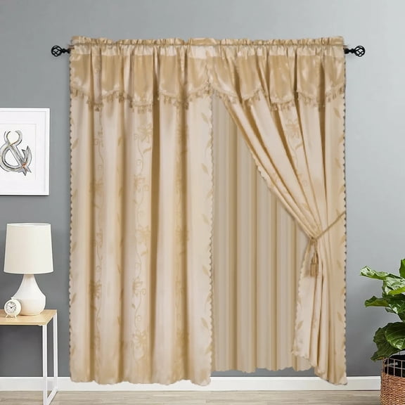 Gorgeous Home Linen 4pc Floral Printed Gold Elegant Rod Pocket Window Curtain Panel Treatment Drape with Matching tieback in 84" Long Nada