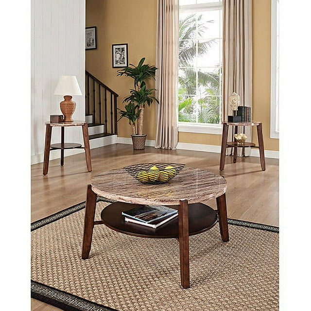 Nadav Round Faux Marble 3 Piece Coffee and End Table Set, Brown