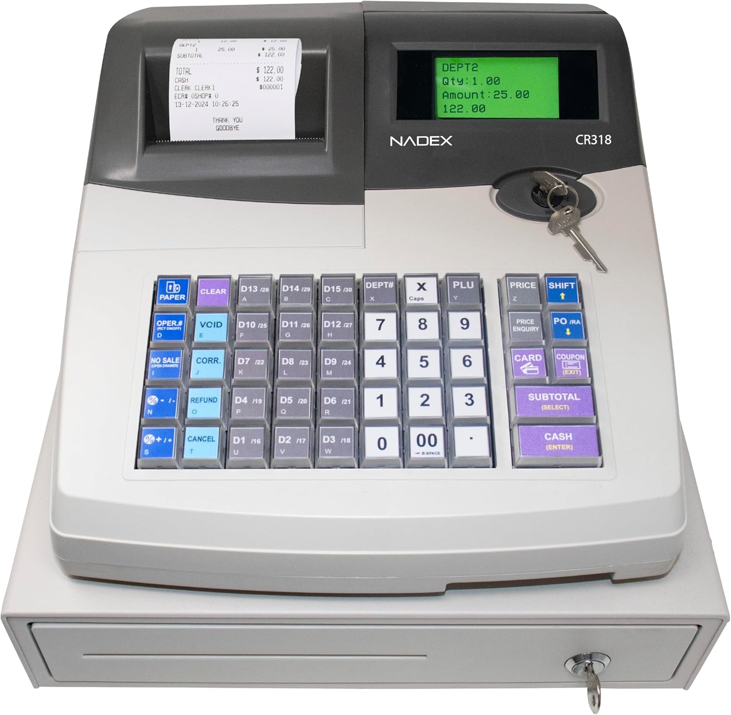 Nadex CR318 POS Cash Register, Thermal Printer, Steel Drawer, Multi-Clerk Support, White