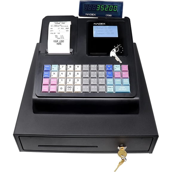Nadex Cash Register CR360 with Thermal Printer, Cash Drawer, 4700 Lookups, 50 Departments, 50 Clerks, Black