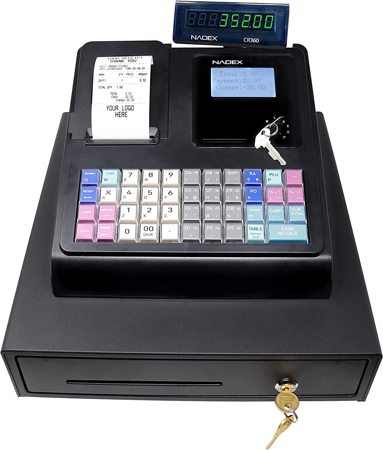 Nadex CR360 Cash Register System with Thermal Printer and Cash Drawer, Black