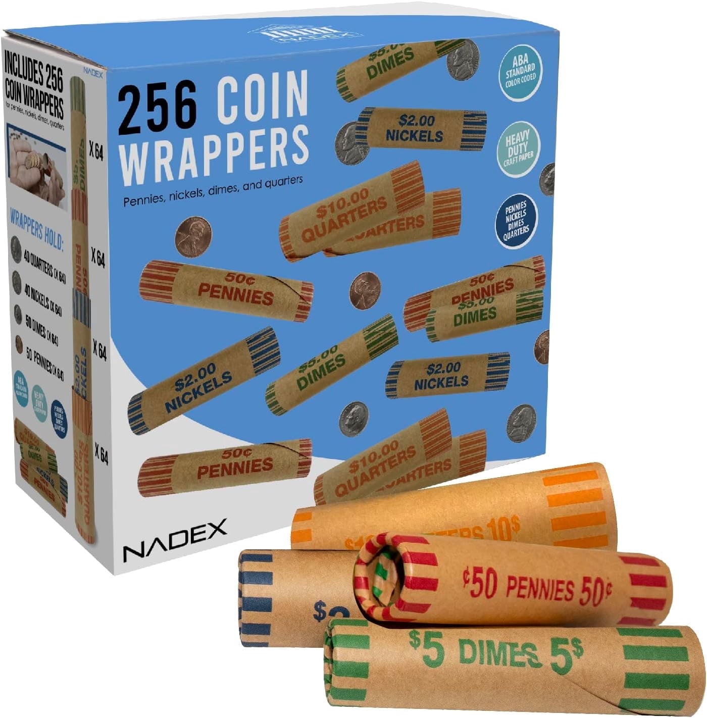 Nadex Preformed Kraft Paper Coin Roll Wrappers Set with Coin Crimpers, Assorted Denominations, 256 Count