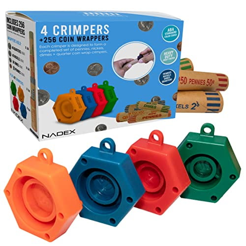 Nadex 256 Assorted Preformed Crimped End Coin Roll Wrappers with Color Coded Coin Wrapper Crimping Tool (Patent Pending), 64 Each of Nickels, Dimes, Pennies and Quarters