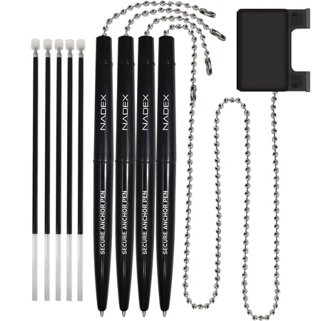Nadex Coins NCS8-1205 Security Ballpoint Pen Set with Chain and Base, Black, 4 Pack