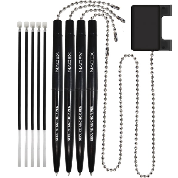 Nadex Coins NCS8-1205 Security Ballpoint Pen Set with Chain and Base, Black, 4 Pack