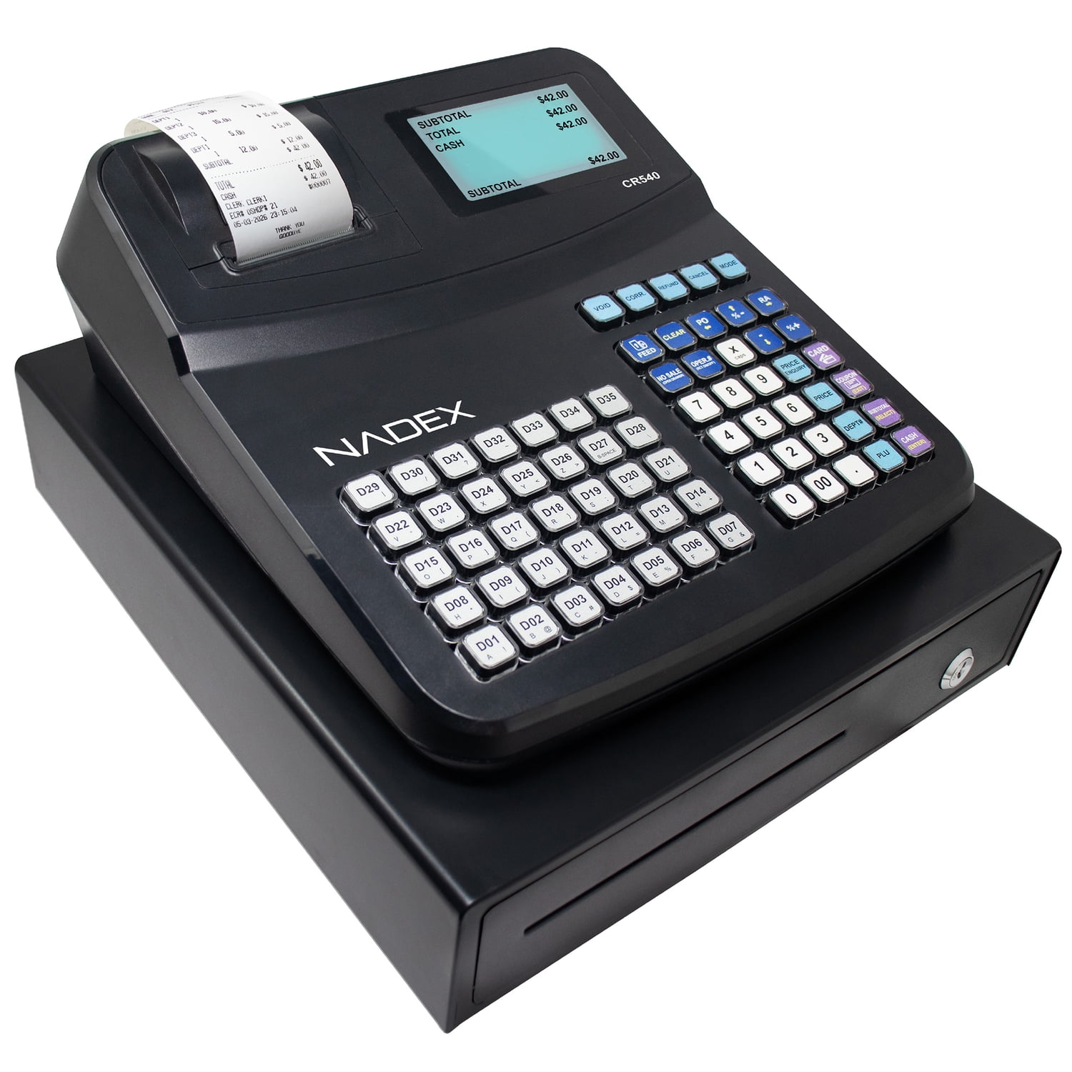 Nadex Coins CR540 Electronic Cash Register with Locking Cash Drawer, Thermal Printer, 2 Displays, 60 PLUs, 70-Key Keyboard, RJ11/Serial/USB Ports